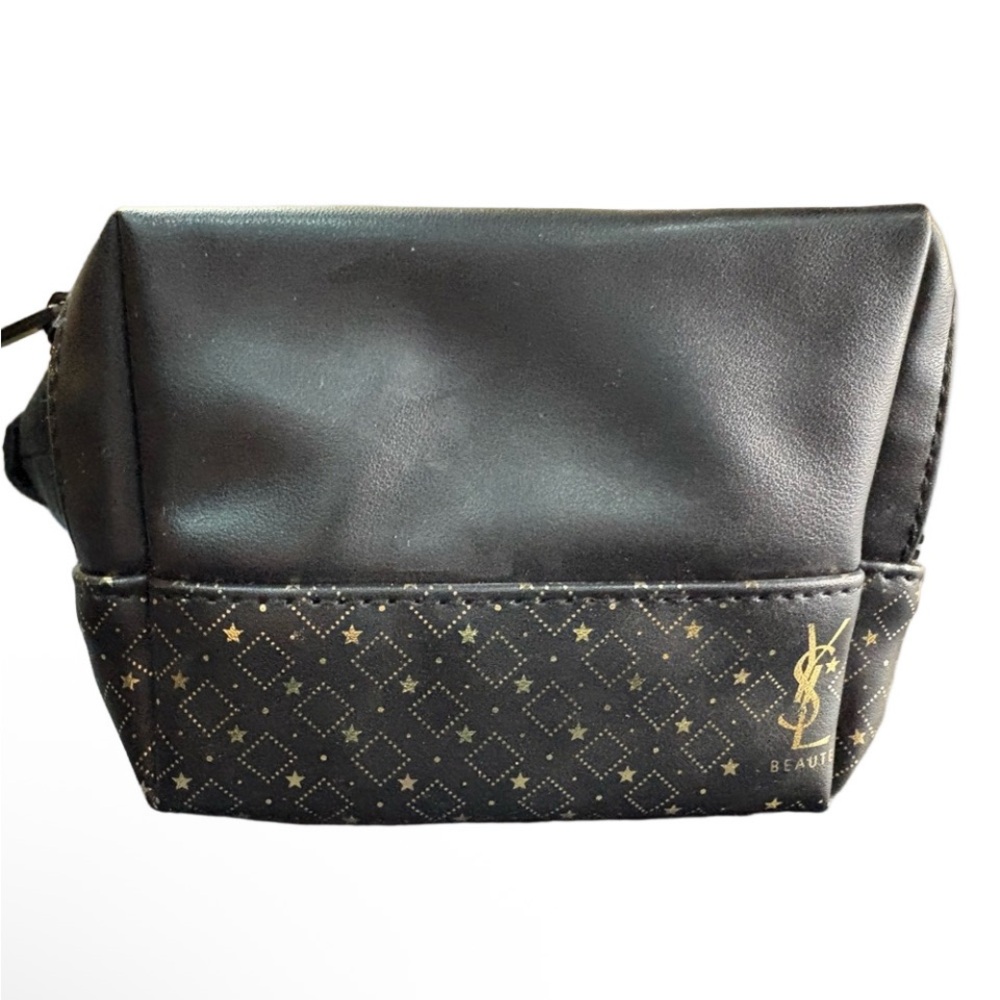 YSL Beauté Black Cosmetic Bag Gold Star Print Makeup Pouch NWOT